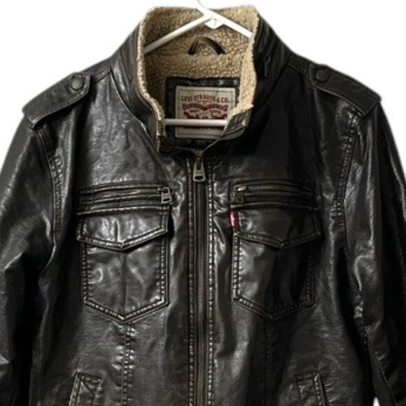 Levi's Men's Sherpa-Lined Faux-Leather Aviator Bomber Jacket - Size Small - Picture 7 of 13